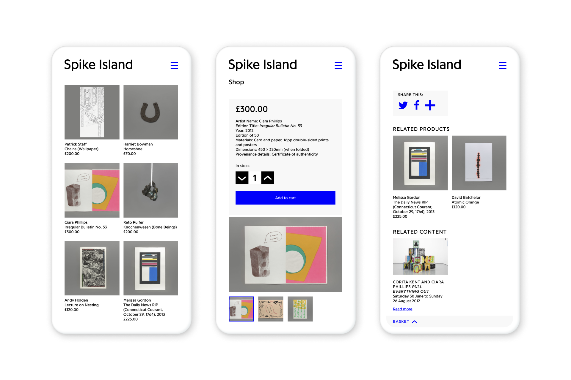 Spike Island shop pages seen on a mobile device