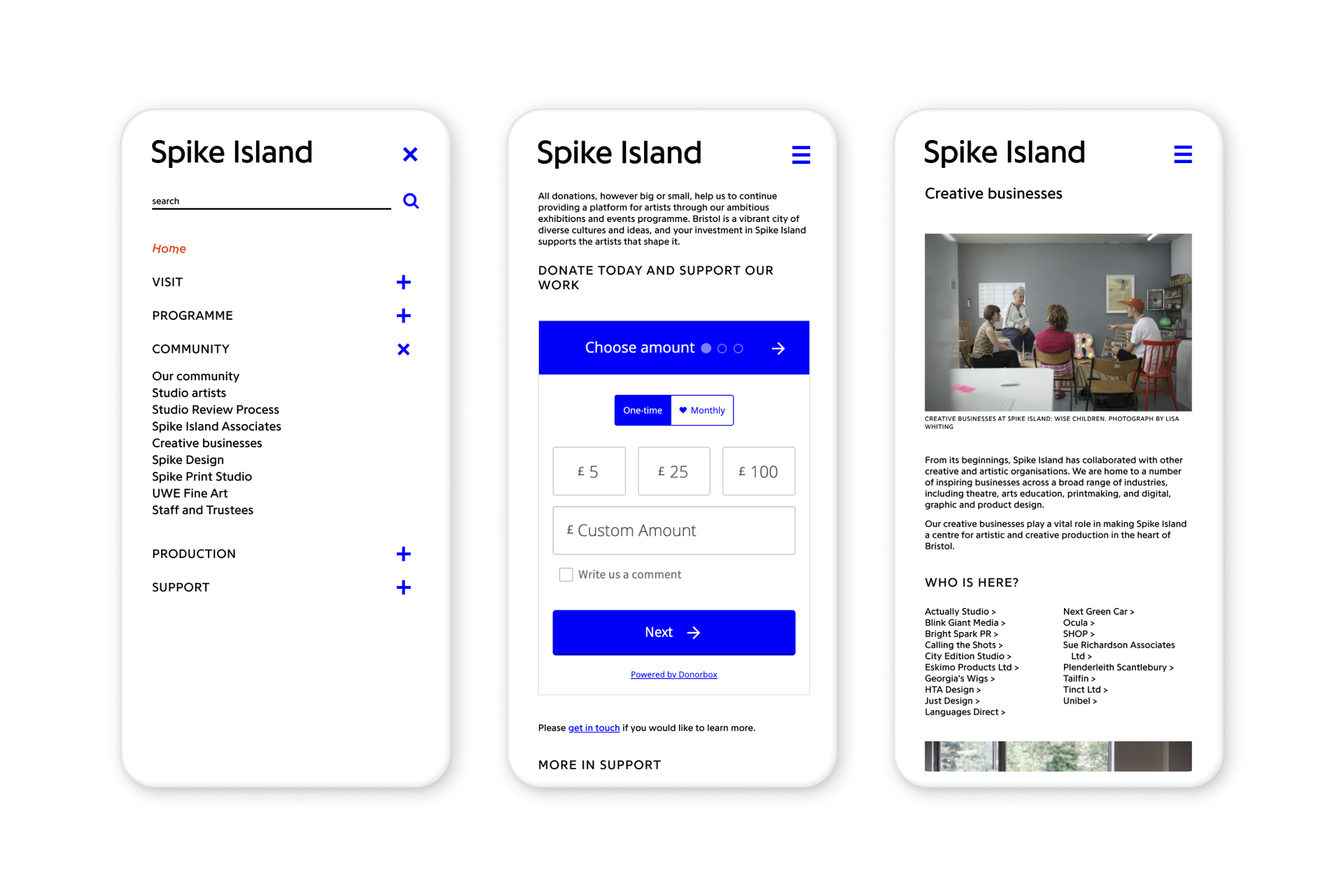 Spike Island shop pages seen on a mobile device